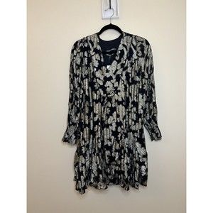 NWT Anthropologie Black Gold Metallic Foil Long Sleeve Ruffle Tunic Dress Sz XS